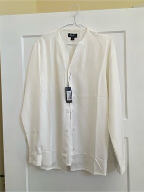 Boohoo Mens White Satun Long-Sleeve Collarless Dress Shirt